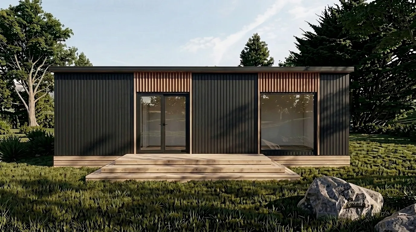 Exterior view of a modern portable home with large glass doors